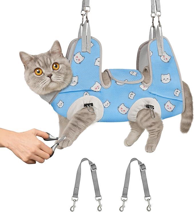Supet Cat Grooming Hammock Harness for Nail Trimming, Cat Grooming Hanging Sling for Nail Clipping, Pet Restraint Holder for Cutting Nails, Medicine, Ear & Teeth Cleaning, Eye Care (BlueCat M)