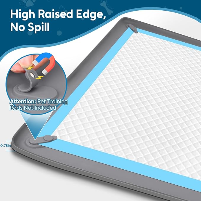 Pee Pad Holder for Small Dogs, 24" x 24" Dog Puppy Pee Pad Holder Non-Slip Silicone Tray with 4 Magnetic Clips for Training, No Spill Raised Lip High Edge for Indoor Floor Protection, Gray