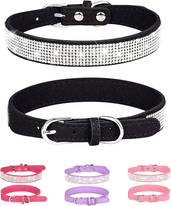 Dog Collar for Small Dogs, Adjustable Leather Suede Bling Dog Collars，Black Dog Collar Cat Collar, Rhinestone Dog Collar (XS, Black)