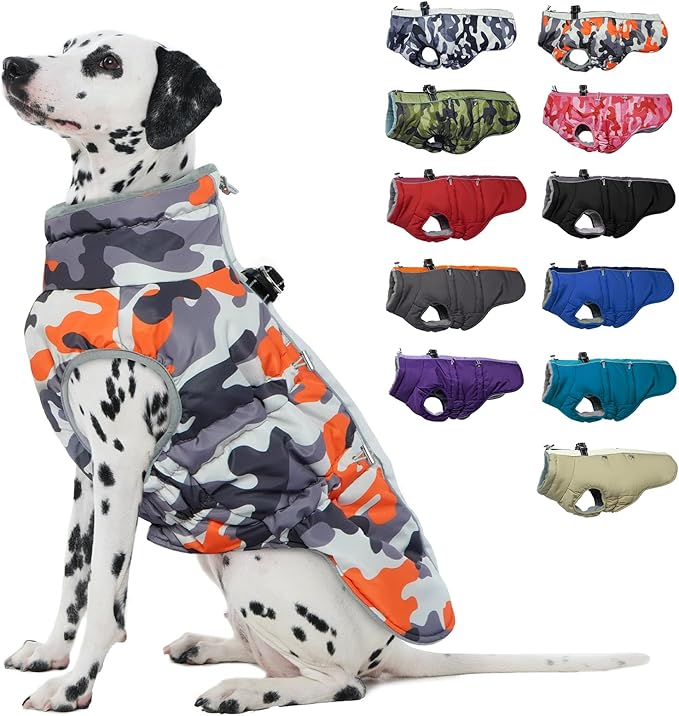 Orange-Camouflage Dog Winter Snow Jacket - X-Large, Water-Resistant, Reflective, Adjustable for Large Dogs