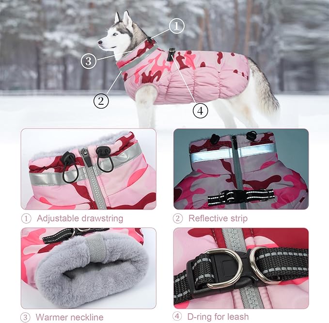 Lelepet Warm Dog Winter Coat Dog Coats for Large Dogs Waterproof Dogs Jacket with Harness Built in Reflective Cold Weather Coats Windproof Zip-Up Winter Fleece Vest Snowsuit Pitbull Pink Camo XXL