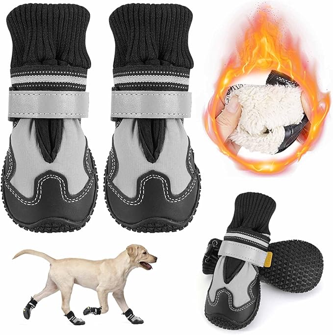 Lukovee Dog Shoes - Waterproof Warm Fleece Lined Dog Booties for Small Medium Large Dogs, Non-Slip Adjustable Dog Boot for Winter Cold Weather (GY,Size 4)