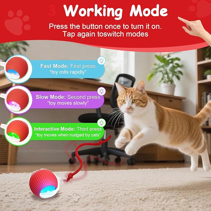 FurryJoy 2PCS Interactive Cat Toys Smart Ball for Cats and Dogs, 360° Automatic Rolling Chase, 2 Rapid-Action Tails, Designed for Indoor pet Exercise, Boredom Relief, and Fun Chase Play.（Red＆Blue）
