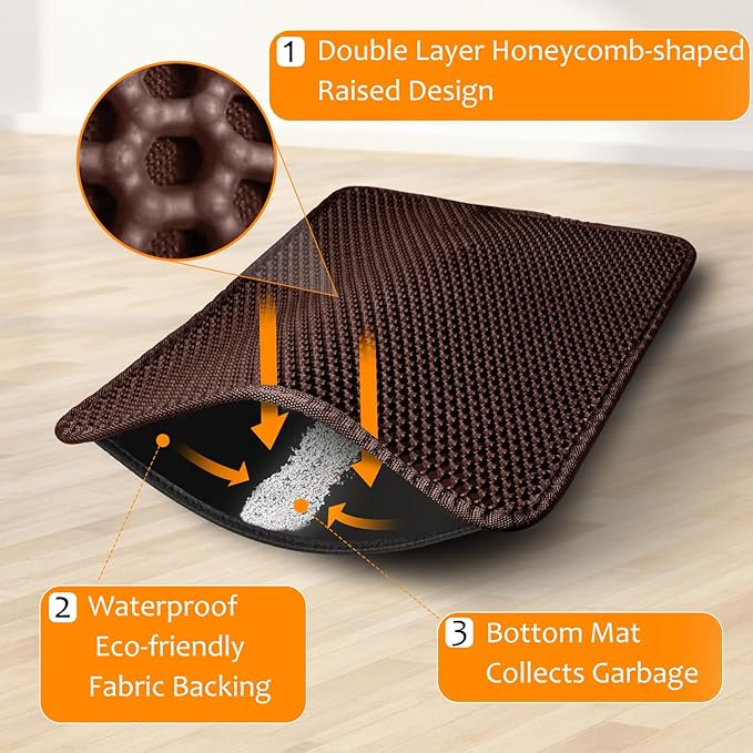 28"x48" Cat Litter Mat, EVA & Fabric Double Layer Design Waterproof Bottom Cat Litter Mat,Anti-slip Litter Box Mat,Easy To Catch Pet Litter,Easier To Clean,Washable,Soft on Paws,Large Capacity,Brown