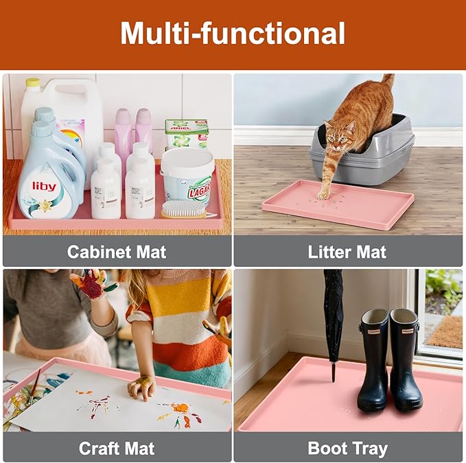 19” x 12” Extra Thick Waterproof Silicone Mat with Raised Edge, BPA Free Non-Slip Dog & Cat Food Mat, Feeding Mat for Food and Water Bowls, Spill Proof Mat to Protect Floors, Pink