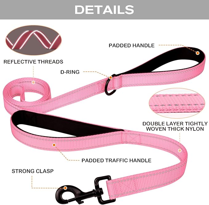 Joytale Dog Leash Heavy Duty for Large Dogs That Pull, Double Handle for Traffic Control, Double-Sided Reflective Leashes for Large Medium Dogs Night Safety, 4FT, Pink