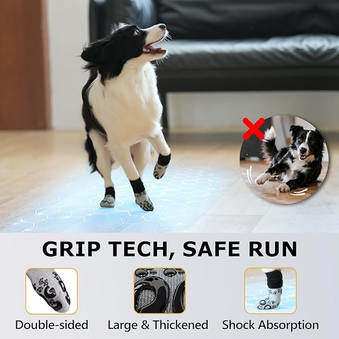 Anti Slip Dog Socks to Prevent Licking Paws - Double Side Dogs Paw Grip Sock for Hardwood Floors, No Twist Dog Booties Grippy Socks for Small Medium Large Senior Dogs, Light Grey and Black, M