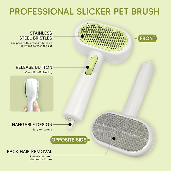 Professional Cat & Dog Deshedding Brush - 1-Button Release Grooming Tool for Long/Short Hair Cats, Dogs, Rabbits & Small Animals (White)
