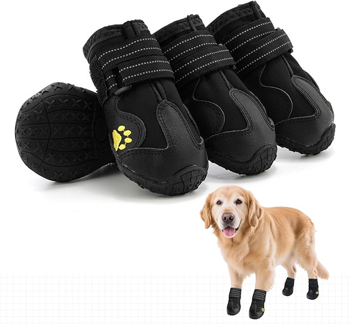 Dog Shoes for Large Dogs, Medium Dog Boots, Anti-Slip Reflective Dog Shoes, Paw Protectors for Winter Snowy and Summer Hot Pavement, Waterproof Dog Rain Boots(3.15" L*2.95" W)
