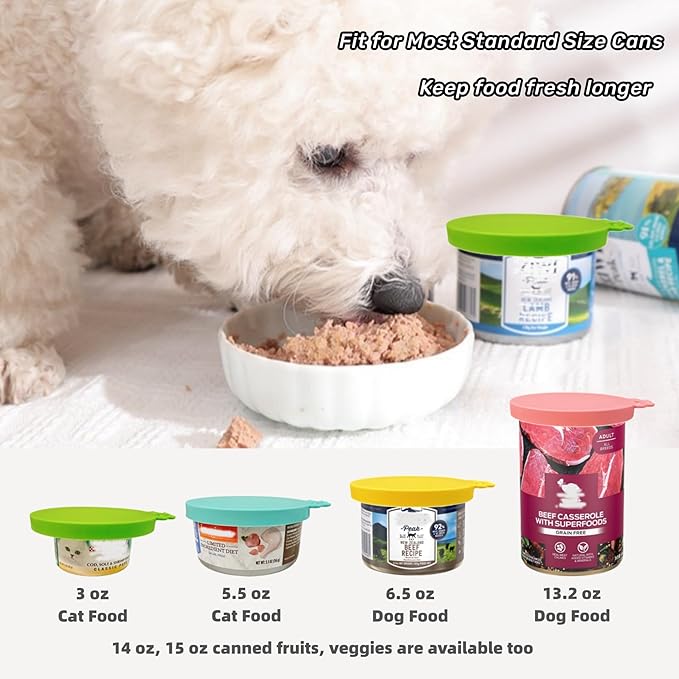 MoPawKT- Silicone Cat/Dog Food Can Covers Lids, Universal 3 Sizes Fit for 3oz, 5.5oz, 6.5oz, 13oz, 13.2oz Pet Food Cans, BPA Free, Reusable (box set of 2 lids in Green & Yellow)