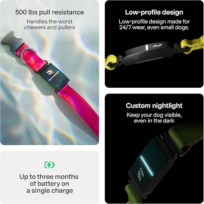 New Fi Series 3+ Smart Dog Tracker Collar [12 Month Membership Included] GPS Tracker for Dogs with Health & Behavior Monitoring, Escape Alerts, Waterproof, LED, Apple Watch Compatible (Pink, Large)