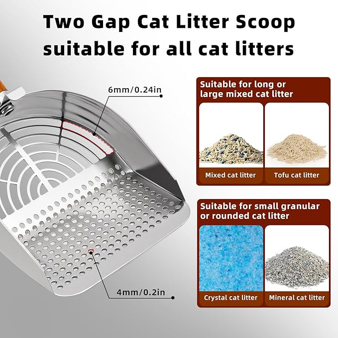 Ownpets Stainless Steel Cat Litter Scoop with Stand - Durable Wood Handle, Double-Wide Holes, Quick-Filter Design, Easy to Clean