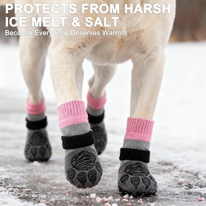 EXPAWLORER Anti Slip Dog Socks to Prevent Licking Paws, Dog Shoes for Cold Winter, Dog Booties for Hardwood Floors, Dog Boots & Paw Protectors with Grippers for Small Medium Large Senior Dogs Pink S
