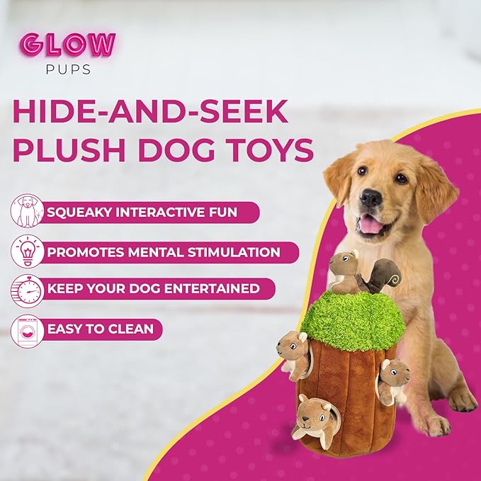 Glow Pups Hide and Seek Dog Toy Squirrel in Tree Trunk, Plush Interactive Burrow Dog Toy with Squeaker, Promotes Mental Stimulation, Easy to Clean, Woodland Style, Large (Brown)