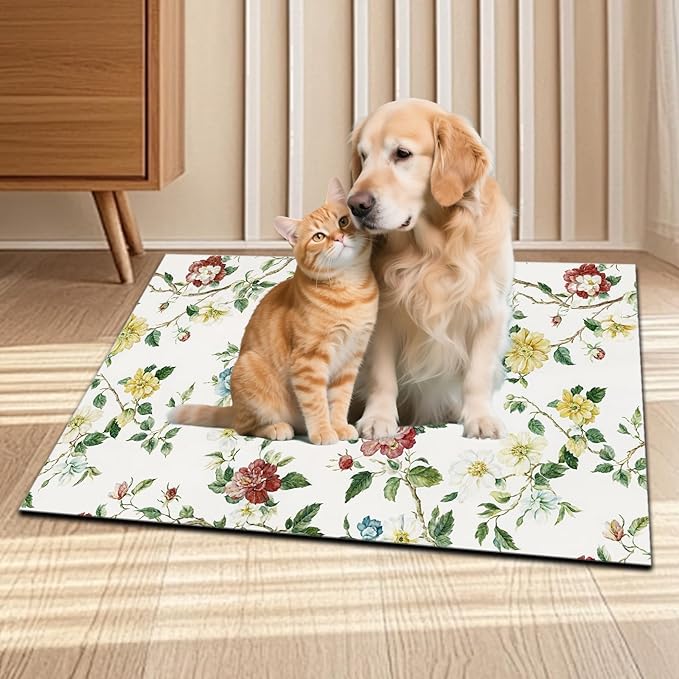 Pet Feeding Mat for Dogs and Cats - Super Absorbent Anti-Slip Bowl Pad, Eco-Friendly Washable Mat to Prevent Spills and Mess Floral Mat 12"x20"