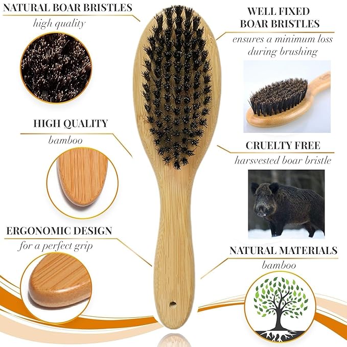 Patina Dog Cat Brush for Shedding, Natural Bamboo Boar Bristles Brush, Pet Grooming Supplies for Short and Long Haired Dogs Cats, Gentle Easy Grooming Massage, Japanese design