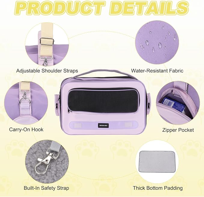 Cat Carrier for Pet, Adjustable Shoulder Strap, Breathable Dog Carrier Cat Carrying Case Pet Travel Bag Up to 14.3 lbs (Purple), Intended for Hiking/Camping/Traveling