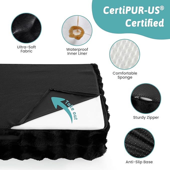 Faux Rabbit Fur Orthopedic Dog Bed, Large Dog Bed, Supportive Foam Pet Sofa with Waterproof Lining Cover, Washable U-Shaped Pet Couch with Anti-Slip Bottom Design, Black XL 42x30x7 inch