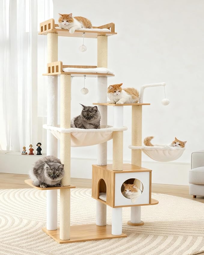 Heybly Cat Tree, 70.5 Inch Wood Tall Cat Tower for Large Indoor Cats with Extra Stable Structure, Modern Cat Furniture with All-Sisal Scratching Posts, Cat Condo & Hammocks, Walnut HCT121WB