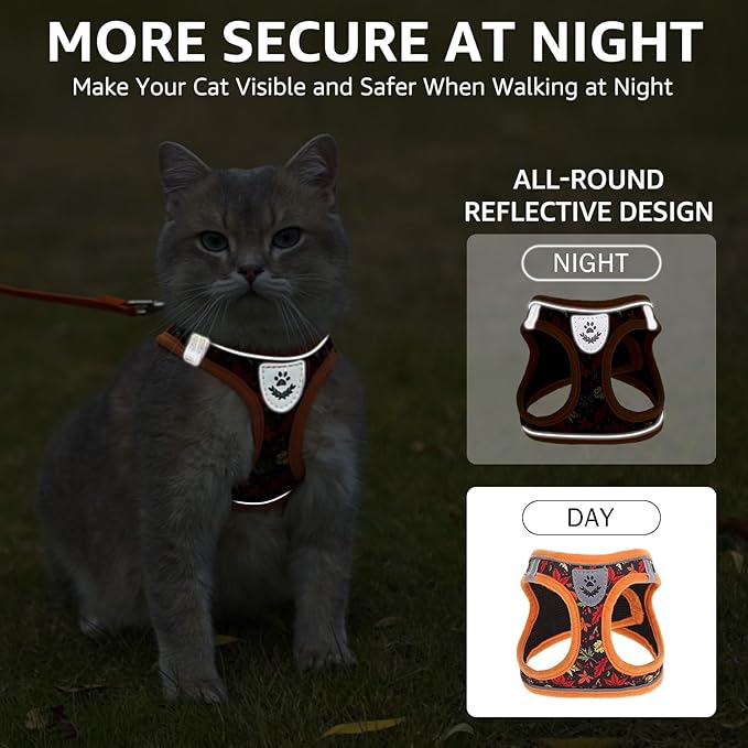 SCENEREAL Fall Thanksgiving Cat Harness and Leash Set Escape Proof, Soft Mesh Kitten Harness for Walking Travel, Reflective Adjustable Pet Vest with Leaf Print for Cat Puppy, S