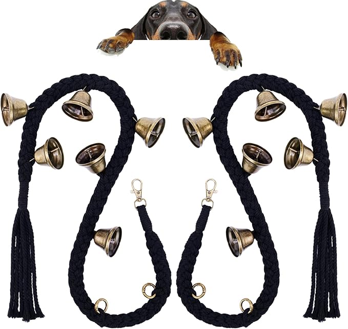 KLOGTSIND 2 Pack Dog Bells for Door Potty Training, Handwoven Cotton Rope Dog Doorbell with 6 Extra Loud Bells, Adjustable Dog Door Bells for Small Medium Large Dogs to Ring to Go Outside, Black