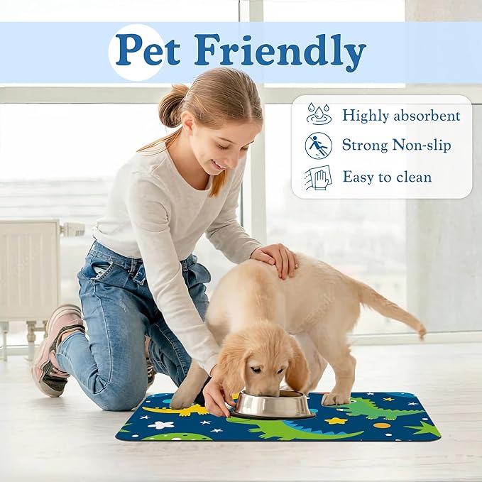 Cartoon Dino Pet Feeding Mat–Christmas Stocking Quick Dry Absorbent Dog Cat Food Mat, Non Slip Waterproof Bowl Placemat for Messy Eaters, Pet Accessories for Floors 16"x24"