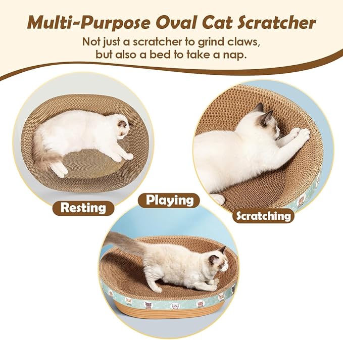 Extra Large Cat Scratcher Bed, 21.6" x 14.9" x 4.3" XL XXL Cat Scratch Cardboard, Scratching Board Pad for Indoor Cats Kitty Kittens, Scratch Lounge House Couch, Furniture Protector, Oval