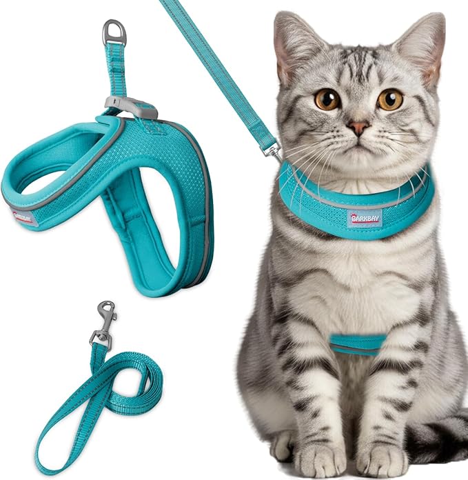 Cat Harness and Leash Set,Escape Proof Kitten Harness,Step in Adjustable Soft Lightweight,Easy Control,Reflective Strips Comfortable for Walking Travel(Ocean Blue,S)