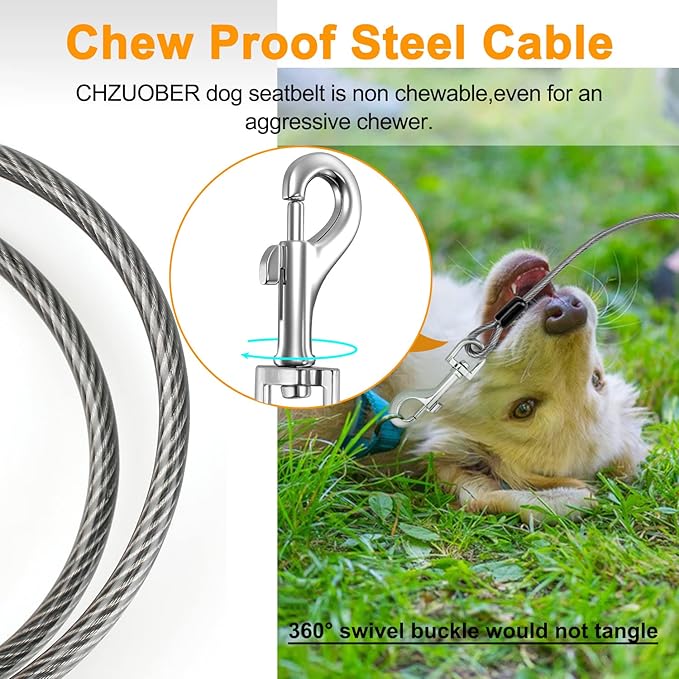 Chew Proof Dog Car Seat Belt, 2 in 1 Steel Cable Dog Car Accessories Headrest Restraint Dogs Car Seatbelt for Medium Large Dogs Chewer Heavy Duty Dog Seatbelts for Cars Swivel Attach