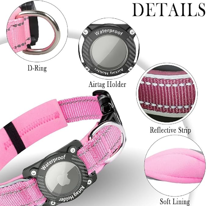 Upgraded AirTag Dog Collar, IP68 Waterproof Dog Collar with Apple Air Tag Holder, Reflective Adjustable Heavy Duty Dog Collars with Soft Padded for Small, Medium and Large Dogs,Pink, S