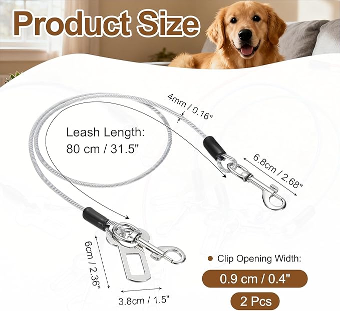 Chew Proof Dog Leash, 31 in Dog Seat Belt Harness with Double Clips Leash Extender Steel Braided Vehicle Tether, (Transparent, 2 Pcs), Intended for Pet Car Safety/Walking/Training