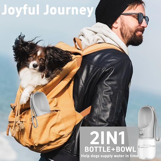 Maiiu Portable Travel Dog Water Bottle with Bowl, Leak Proof, Convenient for Walking, Hiking and Camping (Gray, 12oz)