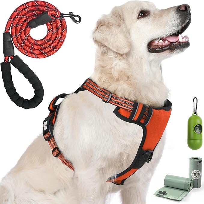 kazazoo Dog Harness, No-Pull Pet Breathable Harness, Adjustable Soft Padded Dog Vest with 2 Leash Clips, Reflective No-Choke Pet, Easy Control Handle for Large Dogs, Orange, XL