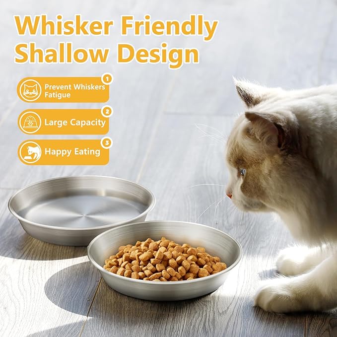 Petdream 6-Pack Stainless Steel Cat Food Bowls, Shallow Whisker-Friendly Non-Slip Silicone Base Metal Dishes, Easy to Clean Indoor Water Flat Plates for Cat, Kitten, Small Dog (5.9")