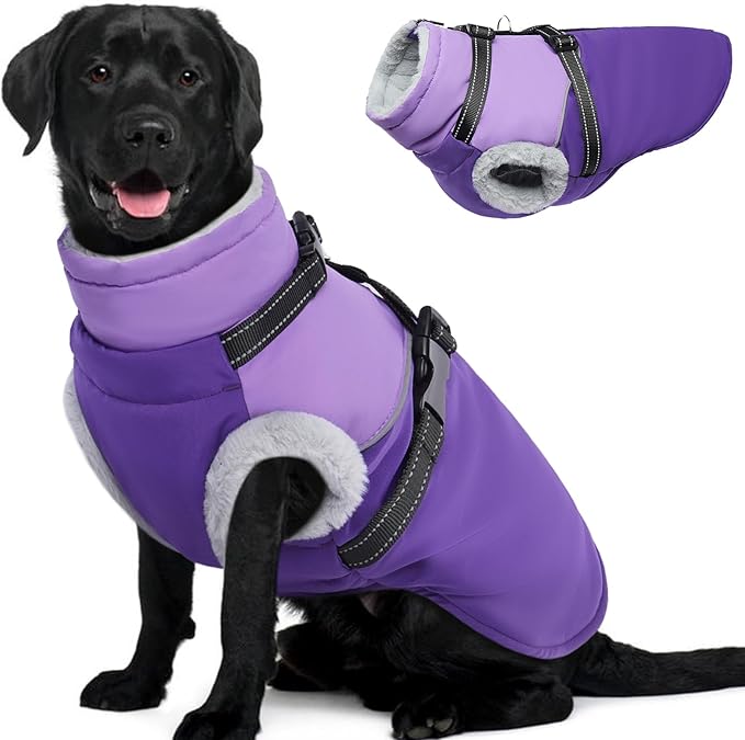 Dog Coat with Harness Built, Dog Winter Jacket with Zipper Closure, Warm Pet Fleece Puffer Coat with Reflective Strips & Furry Collar, Waterproof Snowsuit for Medium Large Dogs - Purple XL