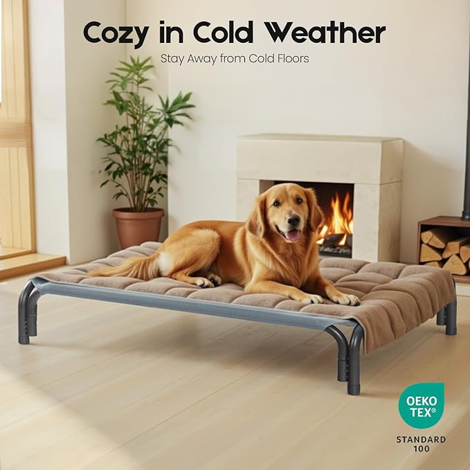 Elevated Dog Bed Raised Outdoor Dog Cot for Extra Large Dogs, Installation Requires No Tools, Frame with Washable Cooling Breathable Mesh Anti-Slip Feet, Indoor Pet Bed, Grey, 48.8 Inches
