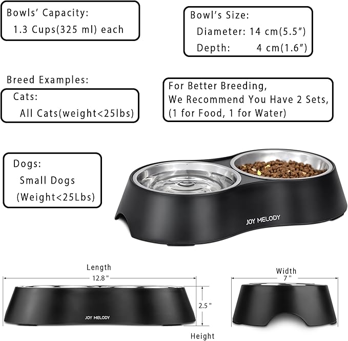 Joy Melody Non Slip Food and Water Bowl Set with Stand for Cat, Samll Dog, Rabbit, Stainless Steel Elevated Kitten Feeder, Anti Vomiting Dish for Puppy, Bunny, Dishwasher Safe, Whisker Fatigue