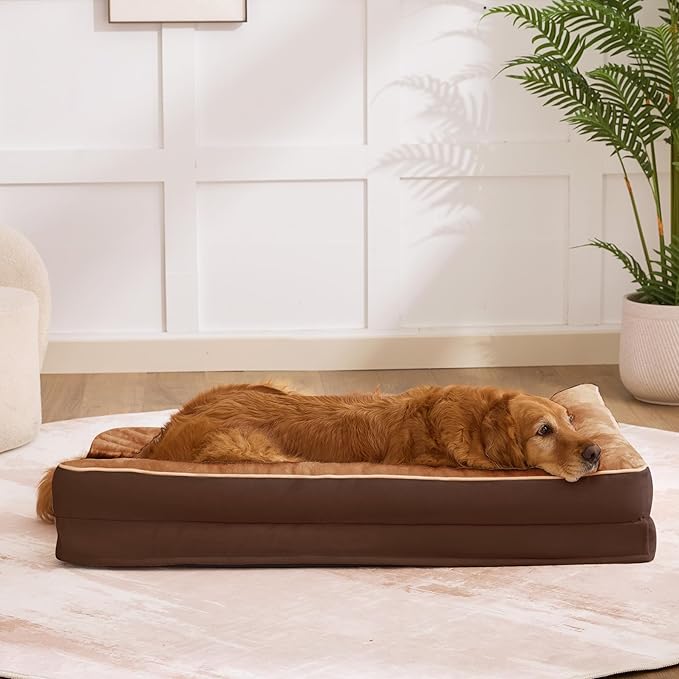 Dog Bed Large Sized Dogs, XL Orthopedic Dog Bed for Large Dogs, Waterproof Pet Bed with Washable Removable Cover, L-Shaped Pet Couch with Portable Handle 42"x30"x7.5", Brown