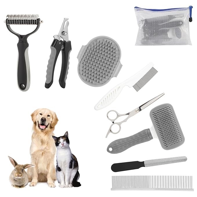 9 Pcs Pet Grooming Brush Set for Shedding, Professional Cats Dogs Long Hair Brush Nail Clipper And File Grooming Kit Self Cleanup Deshedding Multifunctional for Dogs Cats (Grey)