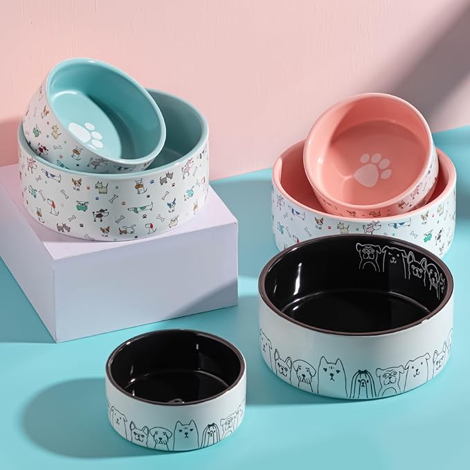 Fun Elements Ceramic Dog Bowls - Non-Slip, 16 Fl Oz Black Bowls with Adorable Dog Patterns (Small)