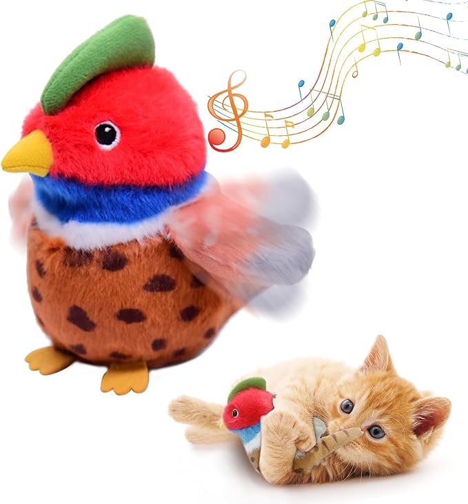 KreizyGo Cat Toys, Flapping Wings Pheasant, No Flying, Chirping Bird Interactive Catnip Toy for Kitten or Small Dogs, Touch Activated, Rechargeable, 3 Modes
