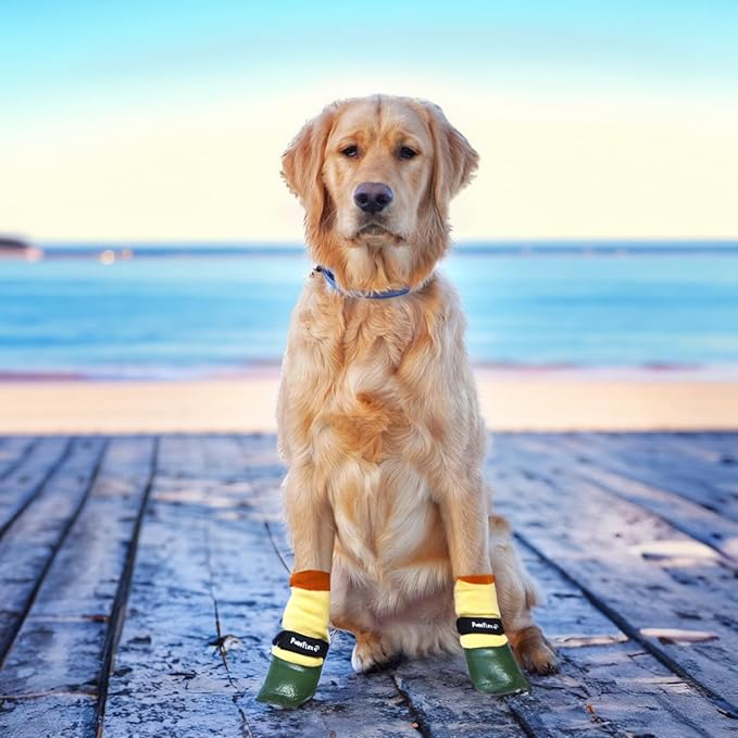 PawFlex Double Dipped Waterproof Dog Socks Comfy Pawz Soft Indoor/Outdoor Dog Booties with Rubberized Bottom| Non-Slip Silicone Grip at Inner Cuff for No Twisting or Sliding Off| Adjustable Strap