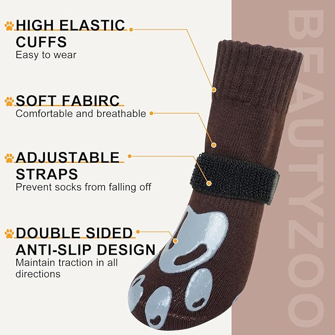 BEAUTYZOO Dog Socks, Non Slip Dog Socks to Prevent Licking Paws -Dog Shoes for Hot/Cold Pavement, Dogs Boots & Paw Protectors, Doggie Booties for Hardwood Floors, Small Medium Large Senior Dogs