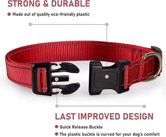 Reflective Dog Collar with Buckle Adjustable Safety Nylon Collars for Small Medium Large Dogs, Red XL