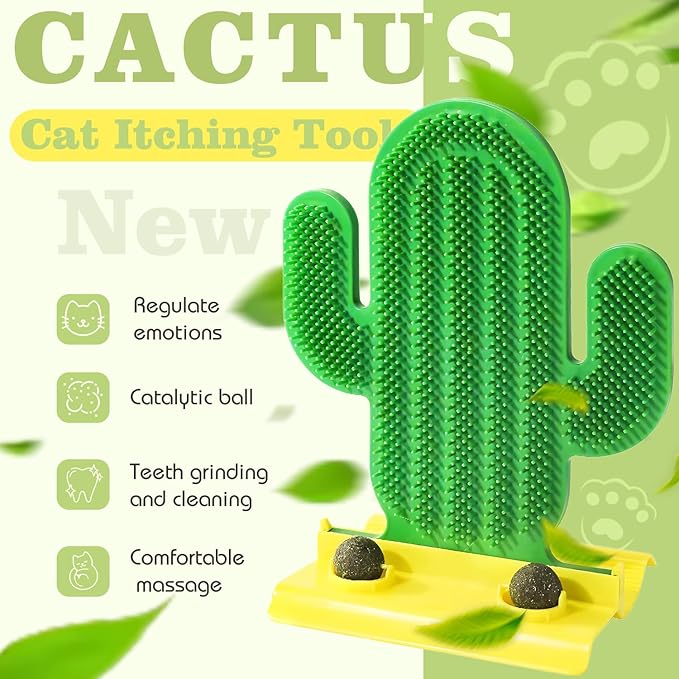 Catnip Toys for Indoor Cats, Green Cactus Shape Cat Scratching Brush with Catnip Ball Toys, 2 in 1 Massage & Self Groomer, Teeth Washing Healthy Rotatable Treats Toys, Cats Soothing Catnip