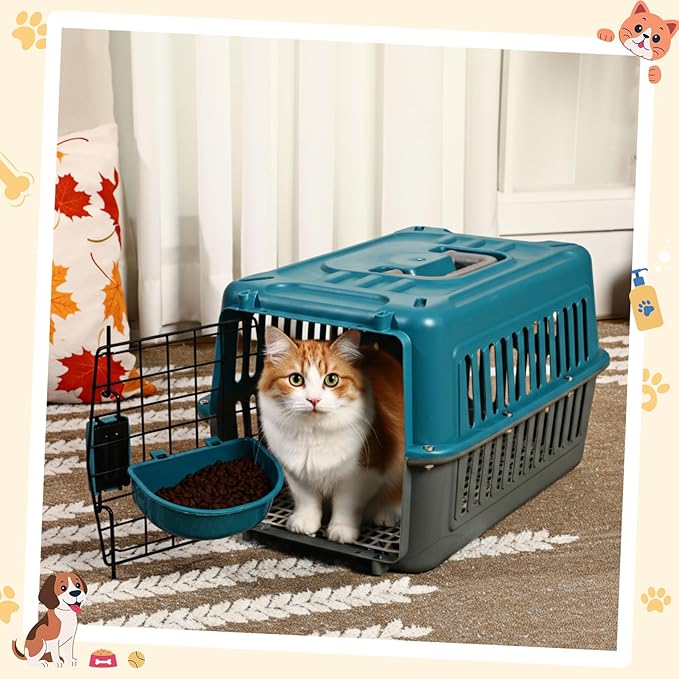 2 Set Travel Pet Carriers for Small Cat Dog Plastic Hard Shell Carrier Cat with Bowl Wire Door Grille Mat Portable Breathable Security Lock Puppy Kennel for Travel Airline, 17.5", up to 13lbs(Blue)