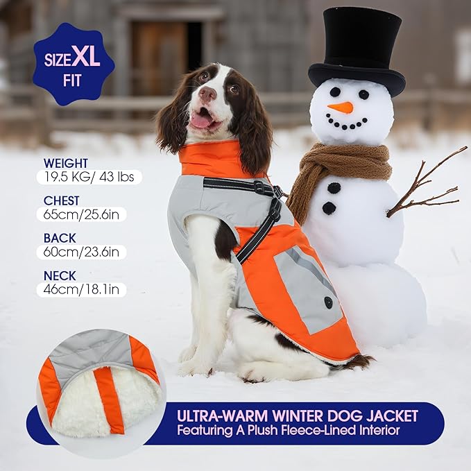FUAMEY Dog Winter Jackets for Large Dogs,Dog Coat with Harness Built in,Waterproof Dogs Snowsuits Warm Pet Jacket Zip Up Fleece Cold Weather Coats Reflective Safety Pets Hunting Vest Orange 3XL