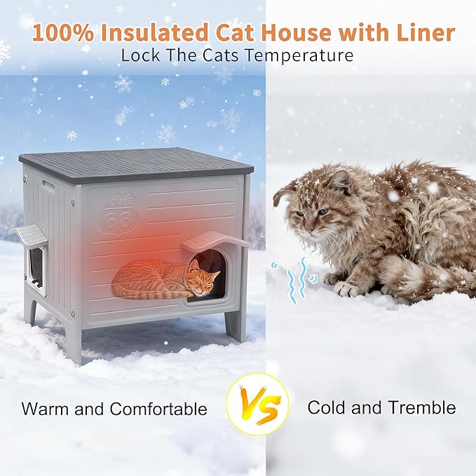 Rockever 100% Insulated Outdoor Cat House with Insulated Liner for Winter, Waterproof Feral Cat House for Outdoor Cats, Plastic Cat House for Outdoor Use with Escape Door, Clean Easily(L,Grey&Liner)