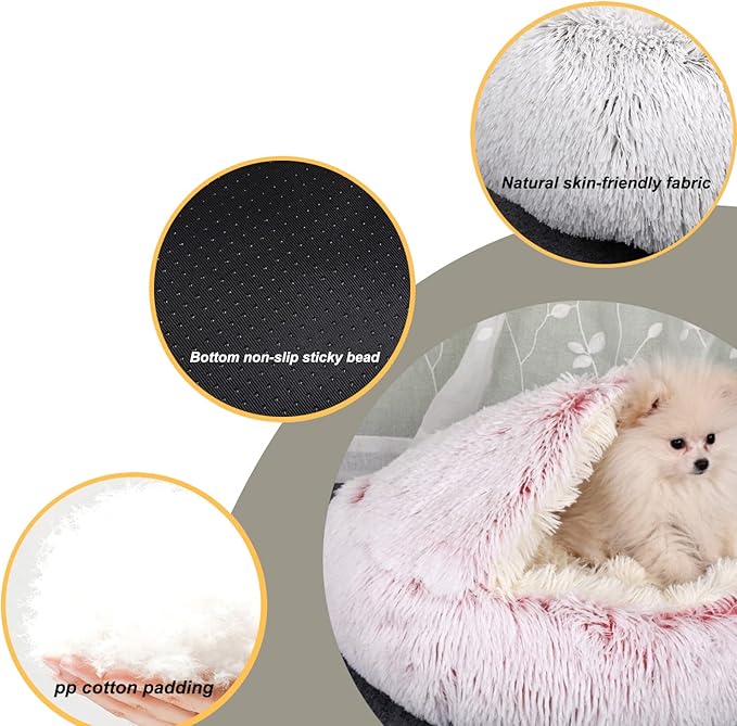 Anti-Anxiety Cat Bed, Plush Hooded Cave, 20 in Diameter, Suitable for Small to Medium Pets, Pink