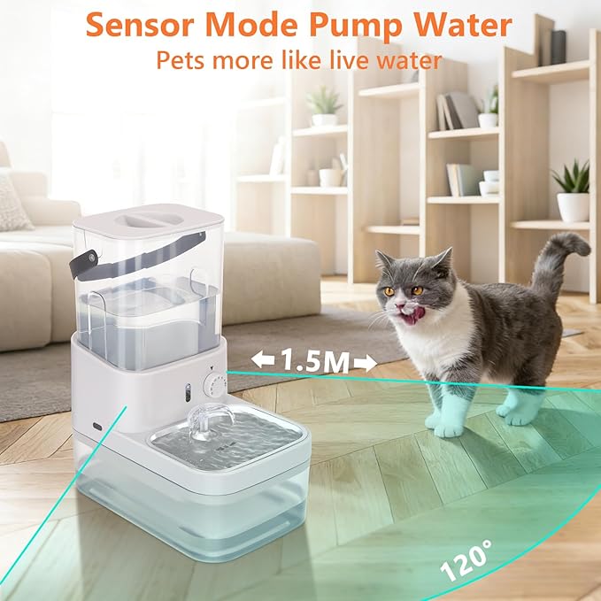GJEASE Smart Cat Water Fountain No Filter,Cat Drinking Water Fountain Bowl,Battery Operated Filterless Pet Water Fountain